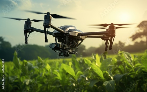 Drone monitoring crops and smart agriculture in a digital farming. Generative AI © piai