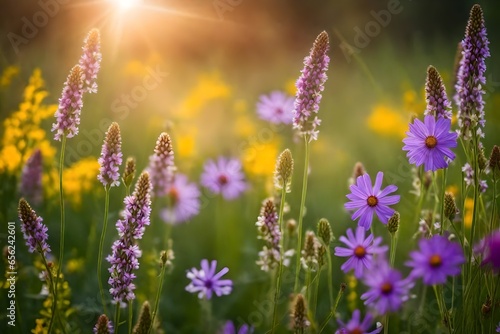 A close up of beautiful summer flowers in the meadow with blurred background - AI Generative