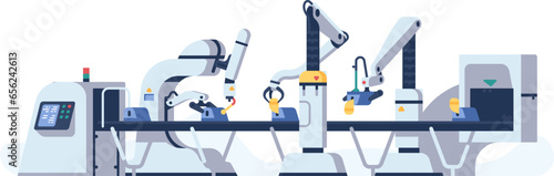 Assembly line. Automatic industrial production process. Manufacturing conveyor. Automated manipulators. Factory innovation. Construction technology. Product processing. Vector concept