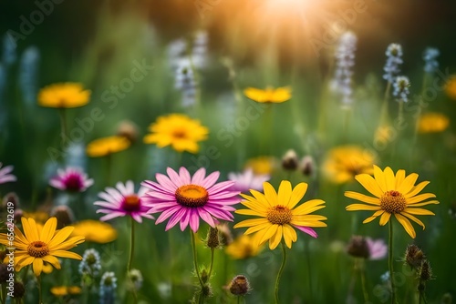 A close up of beautiful summer flowers in the meadow with blurred background - AI Generative