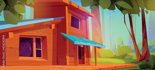 Forest house terrace and home porch cartoon illustration. Wooden cottage patio exterior in summer. Rustic hotel with window, roof and door in nature environment on sunny day. Mystic place on lawn