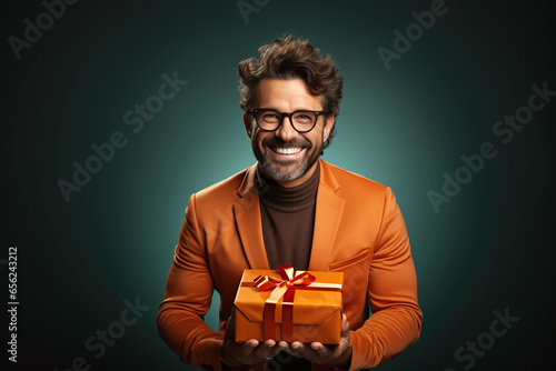 handsome adult bearded white man with glasses holds gift box in his hands © alexkoral