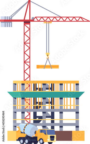 Construction process. Multi story residential house building. Industrial crane and cement mixer truck. City architecture. Unfinished skyscraper. Real estate engineering. Vector concept