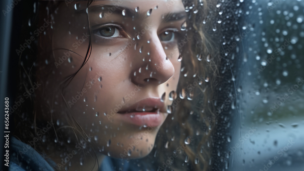 Portrait of beautiful woman in car looking out through wet glass. Closeup