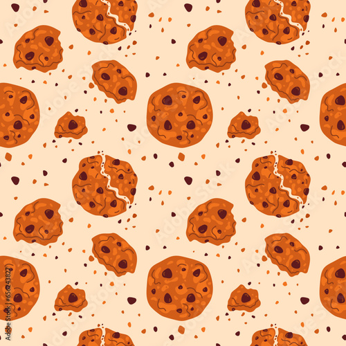 Homemade shortbread cookies seamless pattern. Broken biscuits. Chocolate pieces or crumbs. Traditional bakery. Oatmeal pastry. Crisp dessert. Biting confectionery. Garish vector background