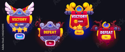 Victory and defeat game ui badges set isolated on black background. Vector cartoon illustration of win and fail medals with golden, silver wings, cracks, tree roots, score stars, ok and next buttons