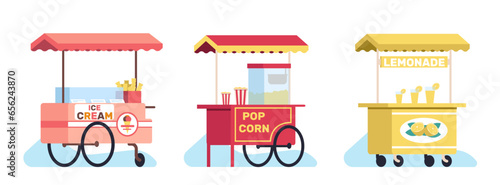 Ice cream, lemonade or popcorn carts. Park street food. Cold drinks and snacks kiosk. Selling booth in nature. Stall on wheels. Festival store trolley. Empty fairground shops vector set