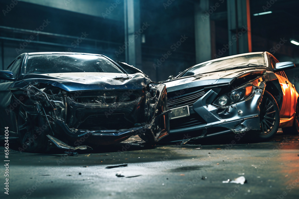 Car accident of two cars, collision of cars. Two cars are damaged after a head-on collision, a car accident. Car accident on the street, damaged cars after collision. Violation of traffic rules. - obrazy, fototapety, plakaty 