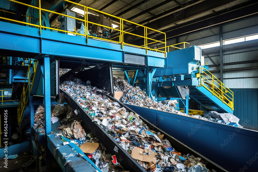 A conveyor belt full of garbage in a factory. Plant for the processing and sorting of garbage and household waste. Waste disposal and recycling. Ecology. Secondary use of resources.