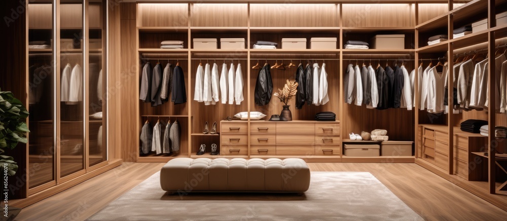 Luxury show home bedroom with walk in wooden wardrobe Luxury show home bedroom with walk in wooden wardrobe