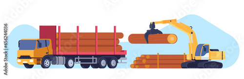 Loading wooden logs onto special truck for cargo transportation. Hauling wood from sawmill. Industrial vehicle. Forestry heavy automobile and loader. Lorry unloading. Vector concept