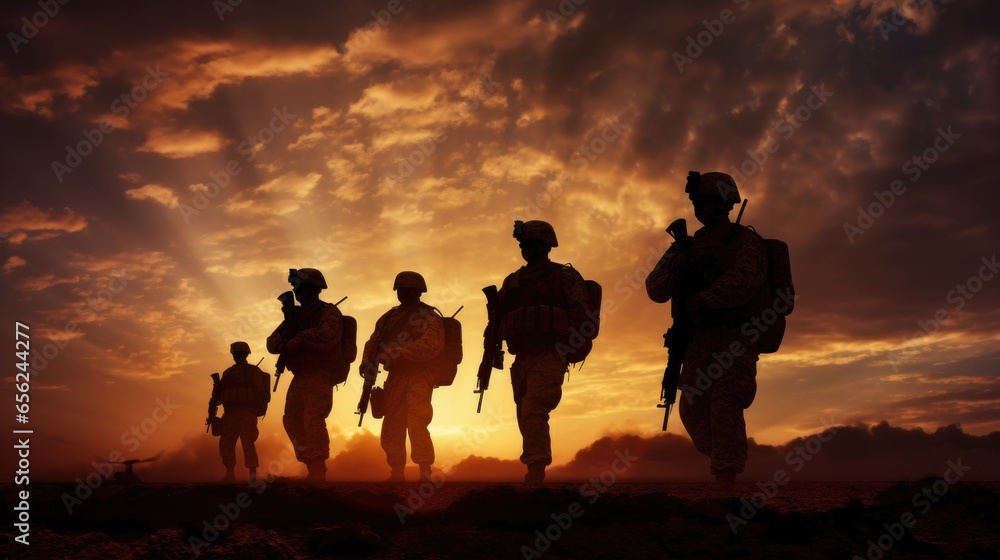 The military silhouettes of soldiers hold gun against with sunset sky background. The military silhouettes of soldiers hold gun against with sunset sky background.