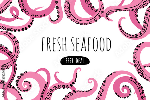 Octopus tentacles background. Fresh seafood. Frame banner with mollusk pink curly limbs. Rectangular border. Underwater animals arms. Cephalopod creatures palpuses. Garish vector concept photo