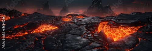 Scorched rock floor with molten rocks and lava cracks.