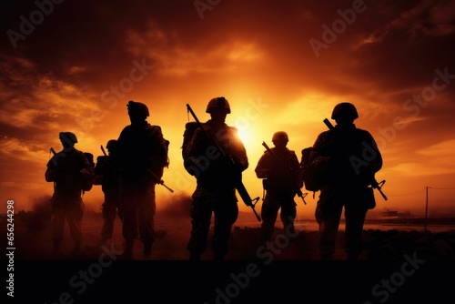 The military silhouettes of soldiers hold gun against with sunset sky background. photo