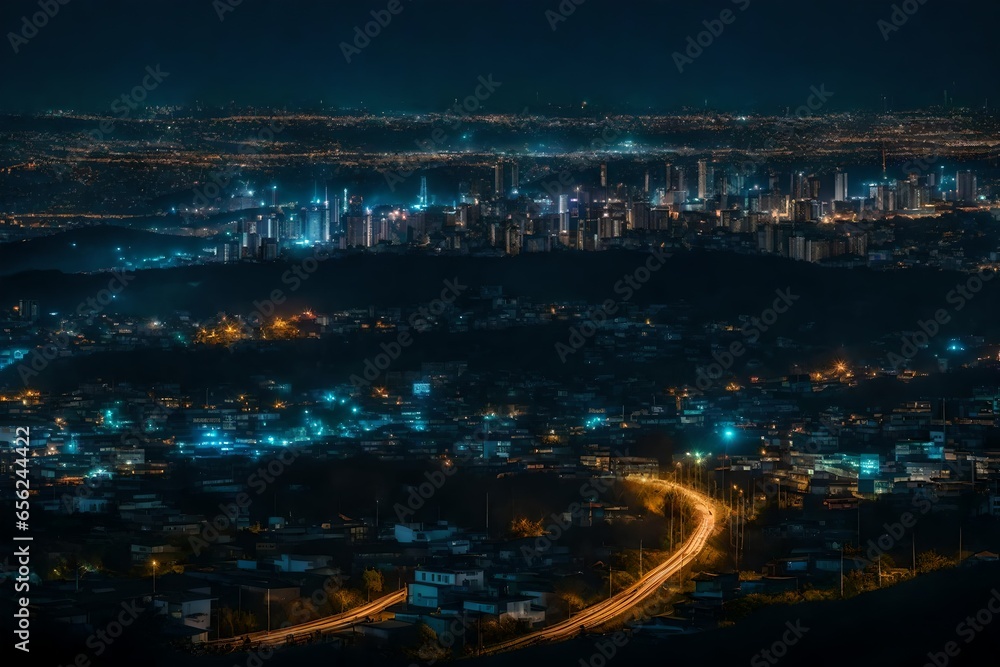 A view of a city from a hill at night - AI Generative