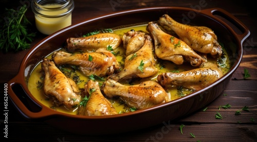 Baked chicken wings and legs in honey mustard sauce.