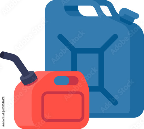 Oil petroleum industry. Gasoline canisters. Gallon containers for liquid fuel. Metal or plastic barrels. Benzine reservoirs. Diesel bottles. Automobile engine lubricant. Vector concept
