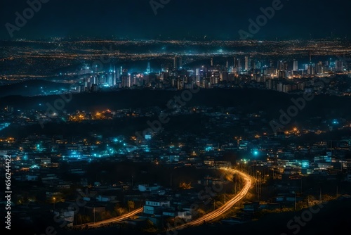 A view of a city from a hill at night - AI Generative