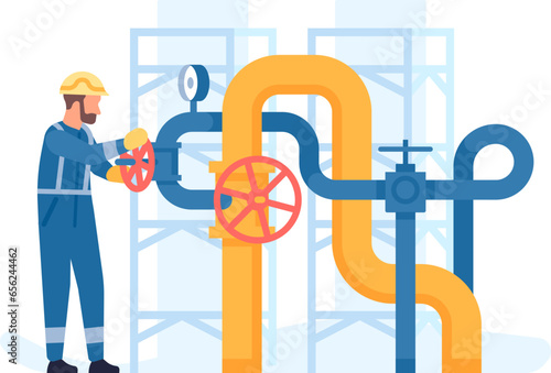 Oil petroleum industry. Worker turning pipeline valve. Petrol equipment. Petrochemical factory production. Refinery plant. Fossil fuel extraction. Engineer in uniform. Vector concept