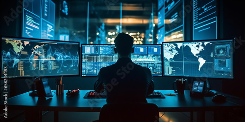 A cybersecurity professional working on multiple monitors displaying various . photo