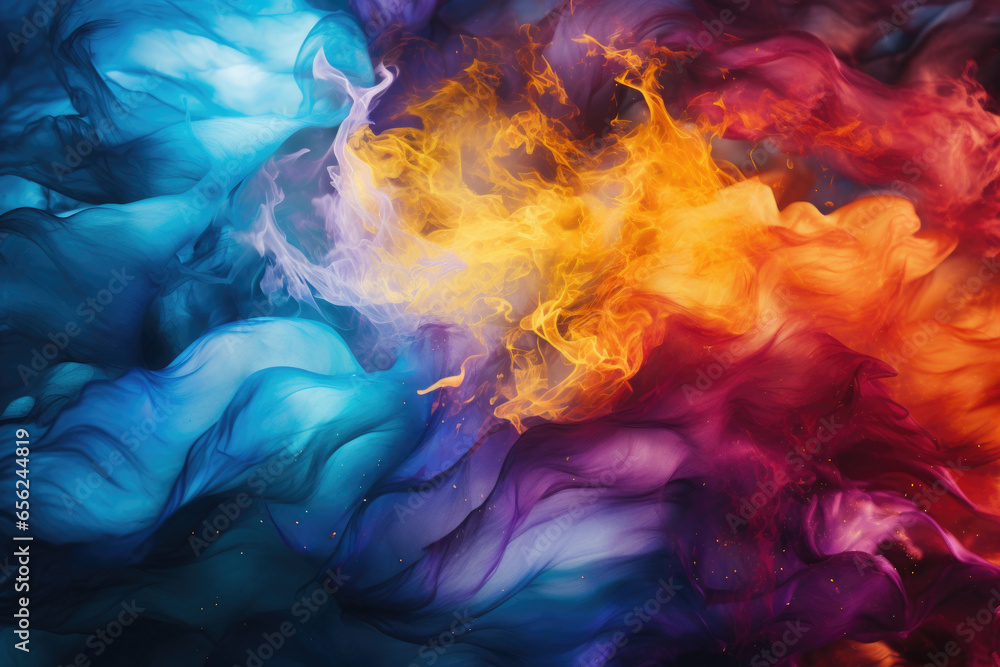 Close-up view of vibrant and colorful smoke substance. This image captures beauty and intrigue of swirling smoke patterns. Perfect for adding touch of creativity and mystique to any project or design.