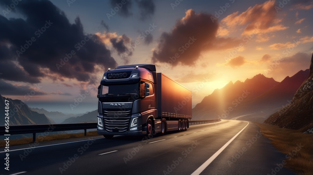 Logistics import export and cargo transportation industry concept of Container Truck run on highway road at sunset blue sky background. Generative AI Logistics import export and cargo transportation industry concept of Container Truck run on highway road at sunset blue sky background. Generative AI