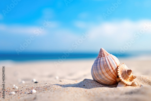 Beautiful shell resting on sandy beach near ocean. This image can be used to depict tranquility and serenity of beach vacation.