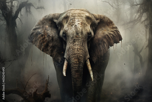 Image of an elephant in the forest with a scary atmosphere  Wildlife Animals.  Generative AI  Illustration.