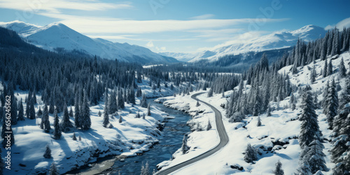 Aerial view of a winter snow-covered road with Serpentine Switchbacks in a forest.generative ai photo
