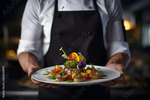 Modern food stylist decorating meal for presentation in restaurant. Close up of food stylish. Restaurant serving. Close-up on the hand of a waiter carrying food