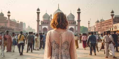 Female traveller roam alone womna summer casual dress summertime tour walking at Asia ,generative AI photo