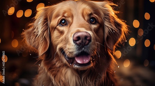 Golden retriever portrait  on Christmas garland light  background. AI generated © tanchy25
