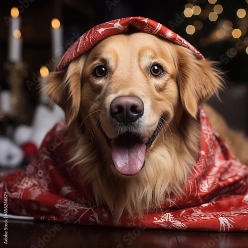 Golden retriever wearing in Santa hat on Christmas background. AI generated photo