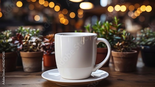 White mockup ceramic white coffee cup or mug on the table with plants. Blank template for your design, branding, business. AI generated photo
