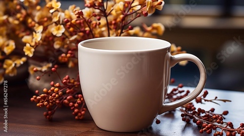  White mockup ceramic white coffe cup or mug on autumn flowers background. Blank template for your design, branding, business. AI generated