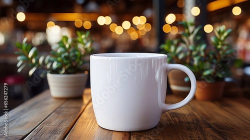 White mockup ceramic white coffee cup or mug on the table with plants. Blank template for your design  branding  business. AI generated