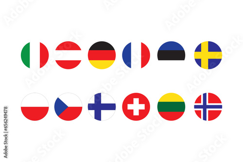Set of round flags in top states of the Europe