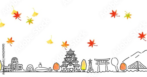 秋の広島県の観光地の街並みループアニメーション