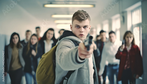 shooter standing in high school holding a gun,surrounded with people running.Generative AI. photo