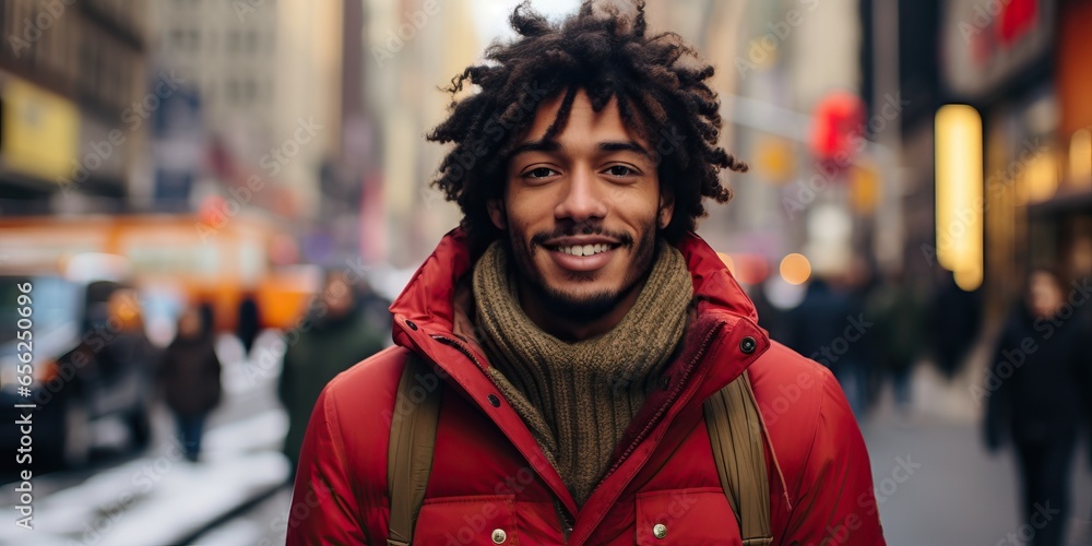 Portrait of a young man with afro hairstyle wearing a red jacket and scarf walking in the city. Portrait of a young man with afro hairstyle wearing a red jacket and scarf walking in the city.