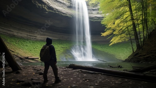 Man at the waterfall in the forest