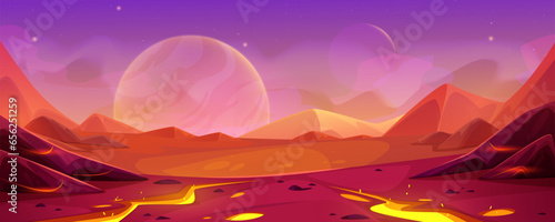Game alien planet landscape with red ground surface. Cartoon vector fantastic outer space scenery of cosmic land with hills and mountains. Fantasy background with starry terrain with pink sky.
