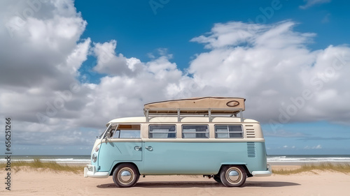 Vintage van on the beach with cloudy sky,Generative AI