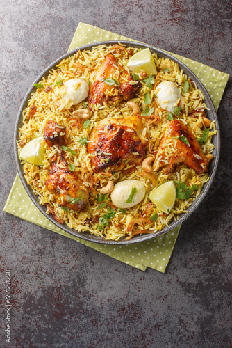 Spicy chicken biriyani rice with sliced eggs closeup on the plate on the table. Vertical top view from above photo