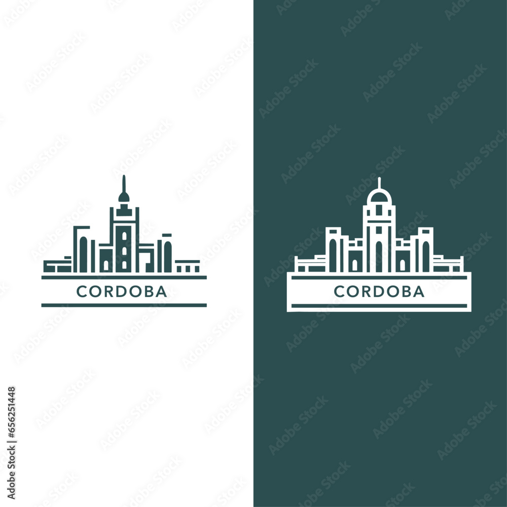 Argentina Cordoba cityscape skyline city panorama vector flat modern logo icon. South America region emblem idea with landmarks and building silhouettes. Isolated thin line graphic