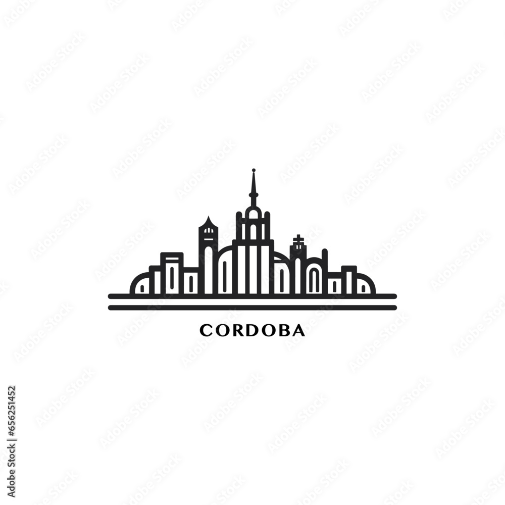 Spain Cordoba cityscape skyline city panorama vector flat modern logo icon. Andalusia region emblem idea with landmarks and building silhouettes. Isolated thin line graphic