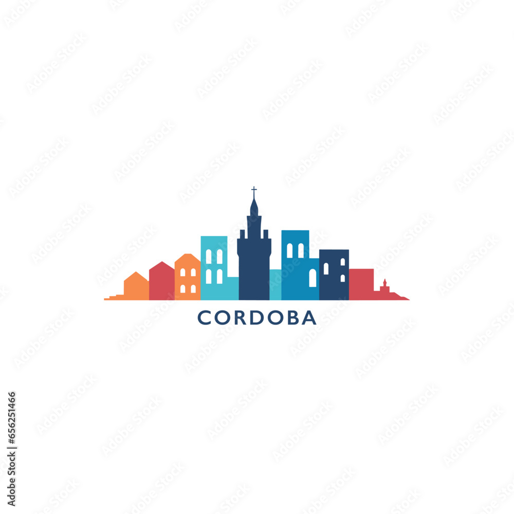Spain Cordoba cityscape skyline city panorama vector flat modern logo icon. Andalusia region emblem idea with landmarks and building silhouettes. Isolated graphic