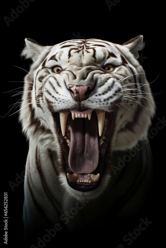 Portrait of a white saber-toothed tiger on dark background