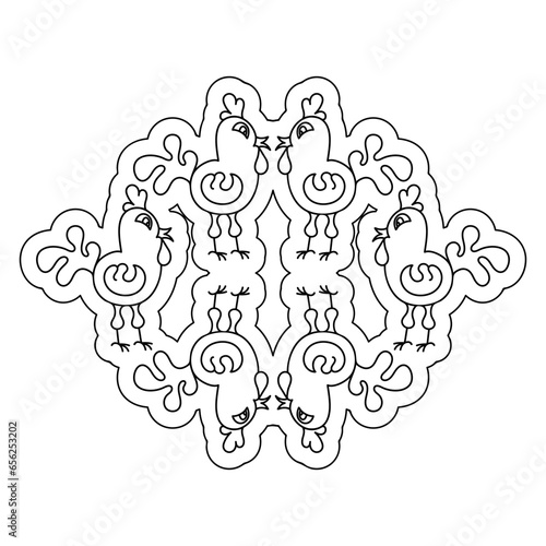 Ornament with cute cockerels. Logo, sticker, coloring. Hand drawn Vector illustration